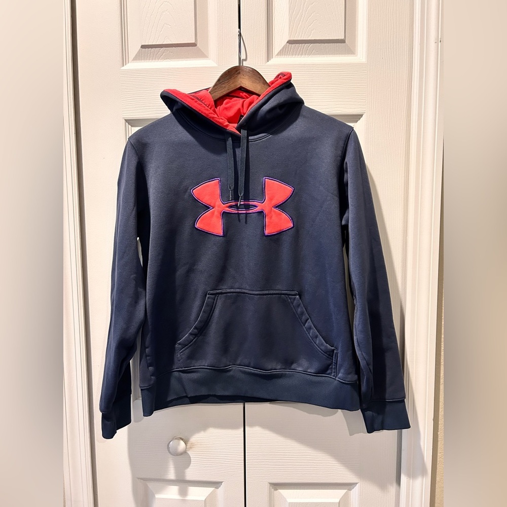 Under Armour Hoodie Women’s Medium Navy Neon Logo Fleece Pullover - Picture 3 of 5